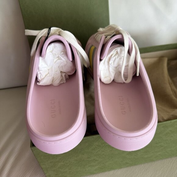 Gucci Pink Mules with Yellow and Gray Stripes - Picture 7 of 8